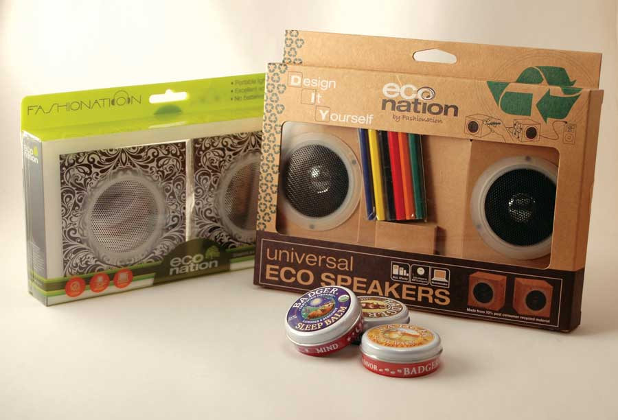 
Fashionation battery-free speakers and the Badger Gems gift set.
